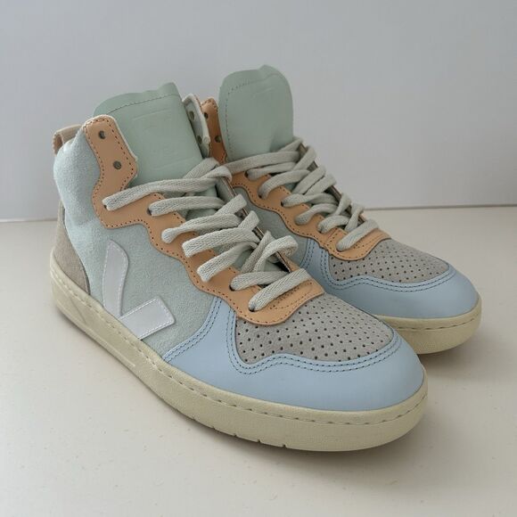 Veja V-15 Leather And Suede Sneaker Womens 8 Jade White Multico High Top Shoes - Picture 1 of 10